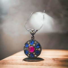 Safir ve ceyt Taşlı Gümüş Otantik Kolye