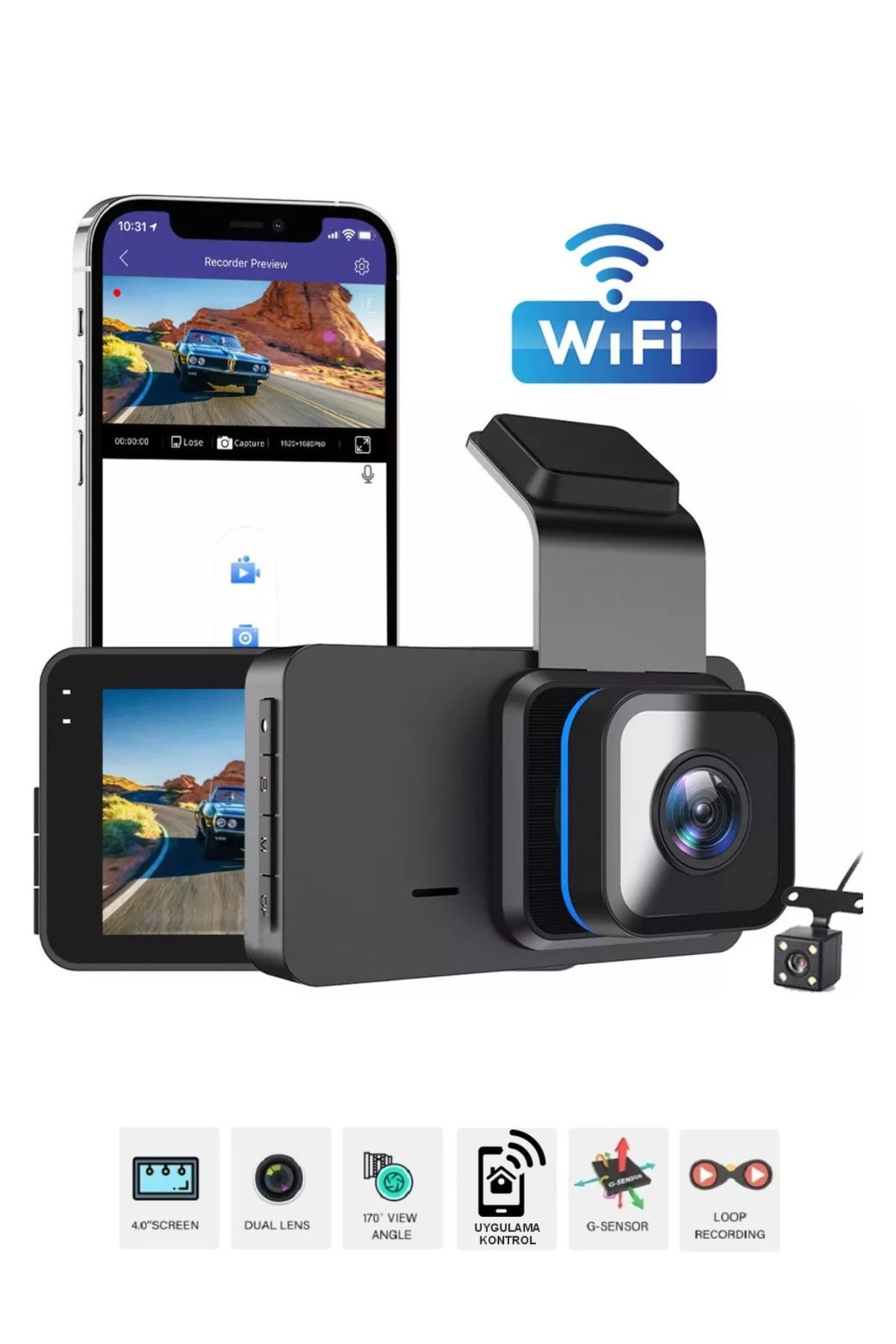 iDragon T603 Araç Kamerası 1080p Video Kaydı 3inç Ekranlı WiFi App Control Gece Görüşü Geri Görüş Kamerası