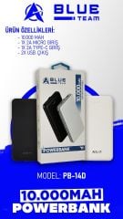 Siyah Blueteam 10.000 mAh PB 14D Powerbank - Güçlü ve Taşınabilir Şarj Çözümü