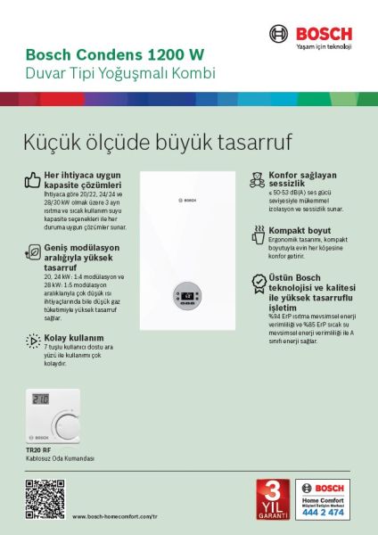 Bosch Condens 1200 W 28/30 C23 24.080  kcal/h Premix Yoğuşmalı Kombi