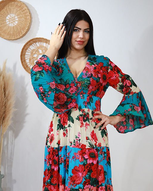 BELDEN LASTİKLİ UZUN KOLLU V YAKA PAMUK ELBİSE