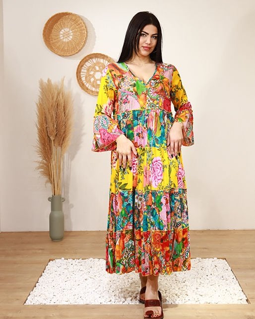 V YAKA BELDEN SIKIMALI BONCUK İŞLEMELİ PATCHWORK ELBİSE