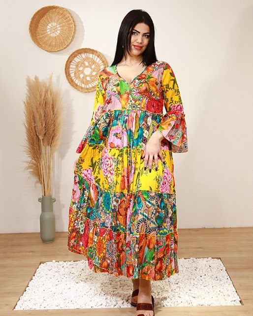 V YAKA BELDEN SIKIMALI BONCUK İŞLEMELİ PATCHWORK ELBİSE