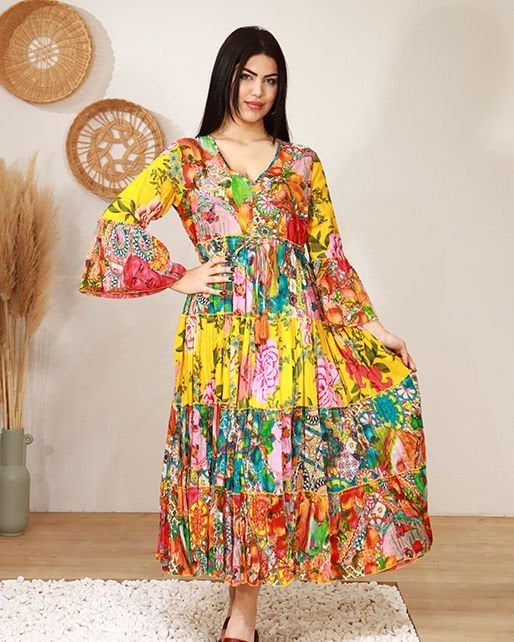 V YAKA BELDEN SIKIMALI BONCUK İŞLEMELİ PATCHWORK ELBİSE