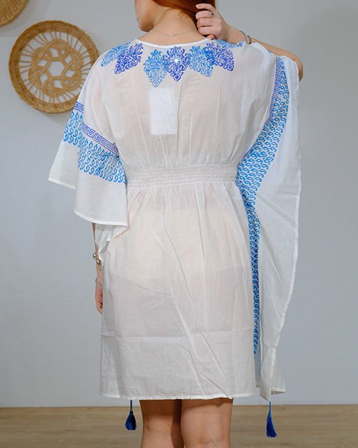 TAHTA BASKI V YAKA KAFTAN MAYO ÜSTÜ  MİNİ ELBİSE