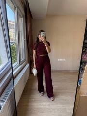 Bordo Yanları Büzgülü Bubble Kumaş Takım