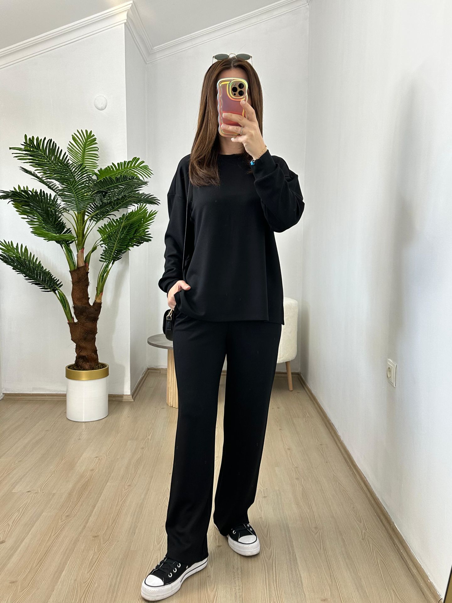 Siyah Modal Scuba Kumaş Sweat Günlük Takım