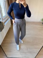 GRİ ÇİFT DÜĞME PİLELİ HAVUÇ KALIP FULL LİKRA GÜNLÜK PANTOLON