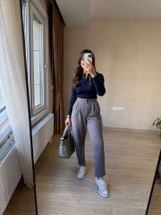 GRİ ÇİFT DÜĞME PİLELİ HAVUÇ KALIP FULL LİKRA GÜNLÜK PANTOLON