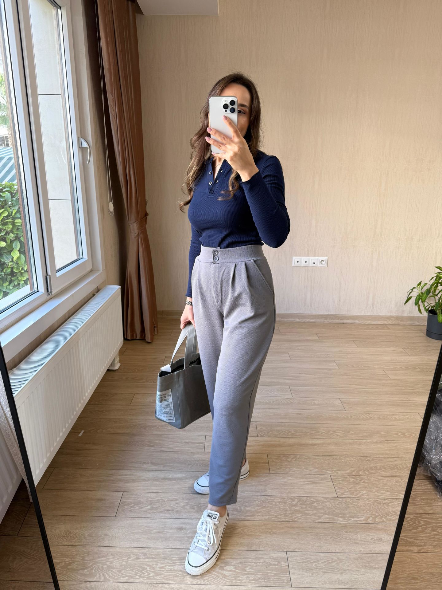 GRİ ÇİFT DÜĞME PİLELİ HAVUÇ KALIP FULL LİKRA GÜNLÜK PANTOLON
