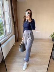GRİ ÇİFT DÜĞME PİLELİ HAVUÇ KALIP FULL LİKRA GÜNLÜK PANTOLON