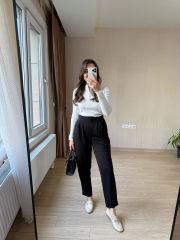 SİYAH ÇİFT DÜĞME PİLELİ HAVUÇ KALIP FULL LİKRA GÜNLÜK PANTOLON