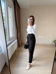 SİYAH ÇİFT DÜĞME PİLELİ HAVUÇ KALIP FULL LİKRA GÜNLÜK PANTOLON