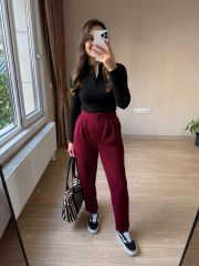 BORDO ÇİFT DÜĞME PİLELİ HAVUÇ KALIP FULL LİKRA GÜNLÜK PANTOLON