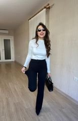 Siyah Likralı Krep Kumaş Pantolon Önü Çımalı Yüksek Bel