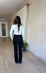 Siyah Likralı Krep Kumaş Pantolon Önü Çımalı Yüksek Bel