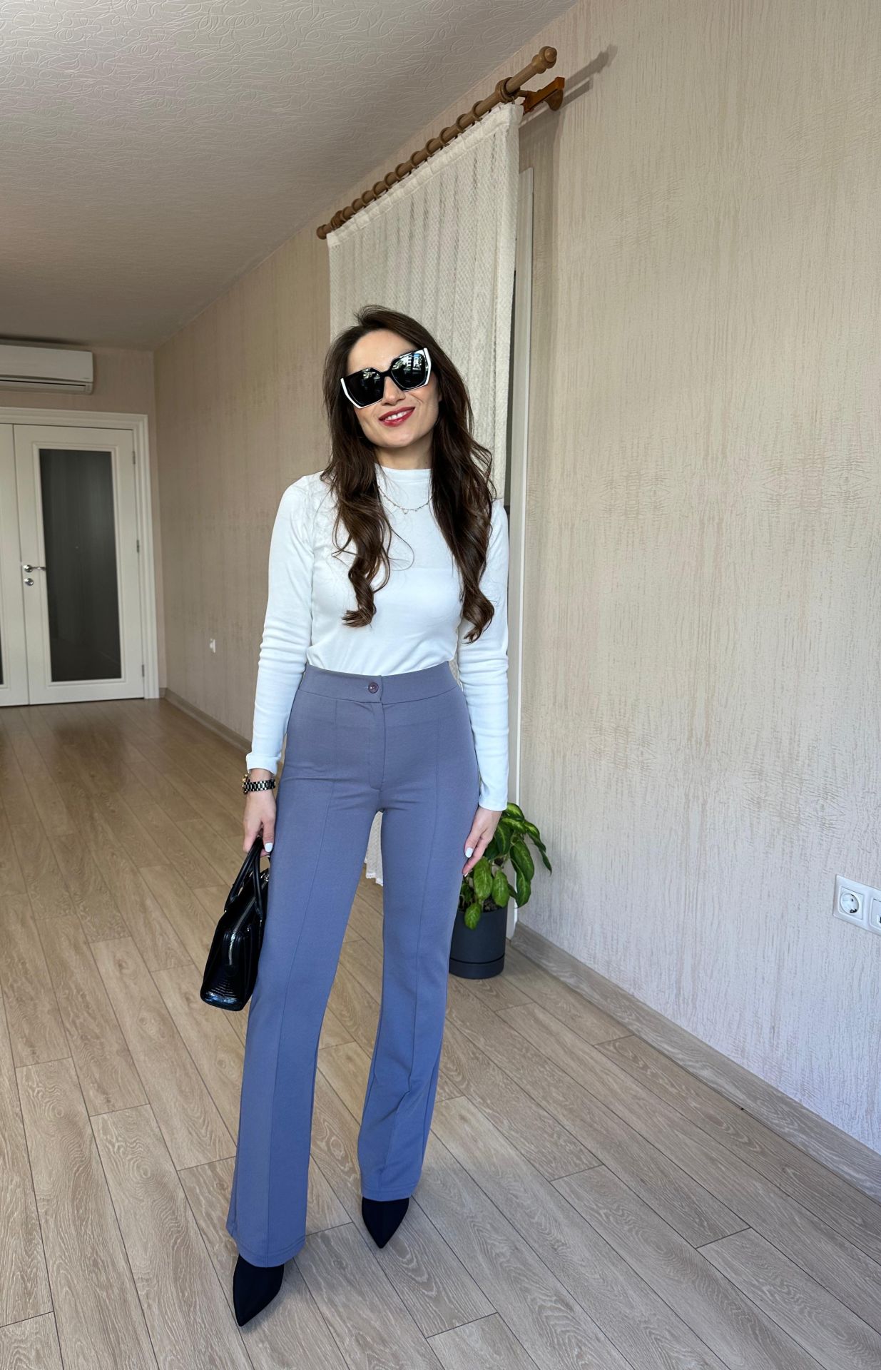 Gri Likralı Krep Kumaş Pantolon Önü Çımalı Yüksek Bel