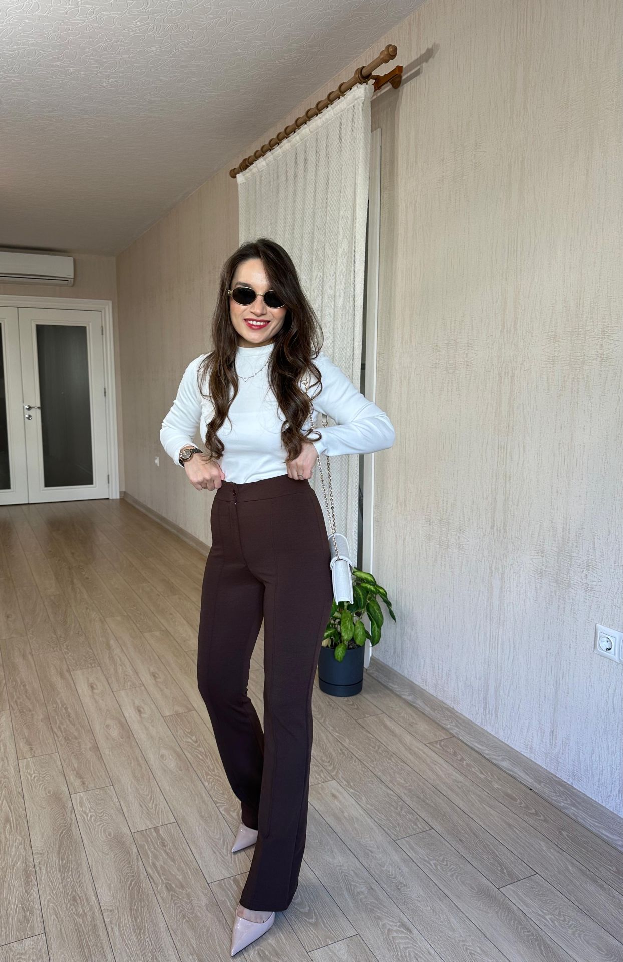 Kahverengi Likralı Krep Kumaş Pantolon Önü Çımalı Yüksek Bel