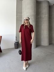 Bordo Kadın Elbise Rahat Kalıp Modal Pike Süprem Kumaş Yanı Yırtmaçlı