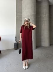 Bordo Kadın Elbise Rahat Kalıp Modal Pike Süprem Kumaş Yanı Yırtmaçlı