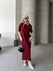Bordo Kadın Elbise Rahat Kalıp Modal Pike Süprem Kumaş Yanı Yırtmaçlı