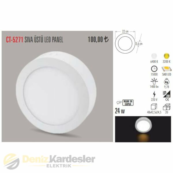 CATA 25W SIVA ÜSTÜ LED PANEL (YUVARLAK)(GÜNIŞIĞI)
