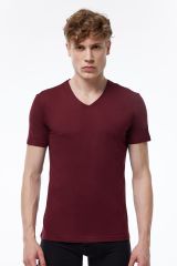 Erkek Bordo Basic V Yaka İnce Modal Yaz Serinliği Tshirt 085