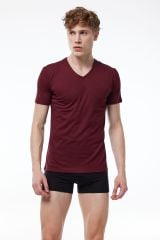 Erkek Bordo Basic V Yaka İnce Modal Yaz Serinliği Tshirt 085