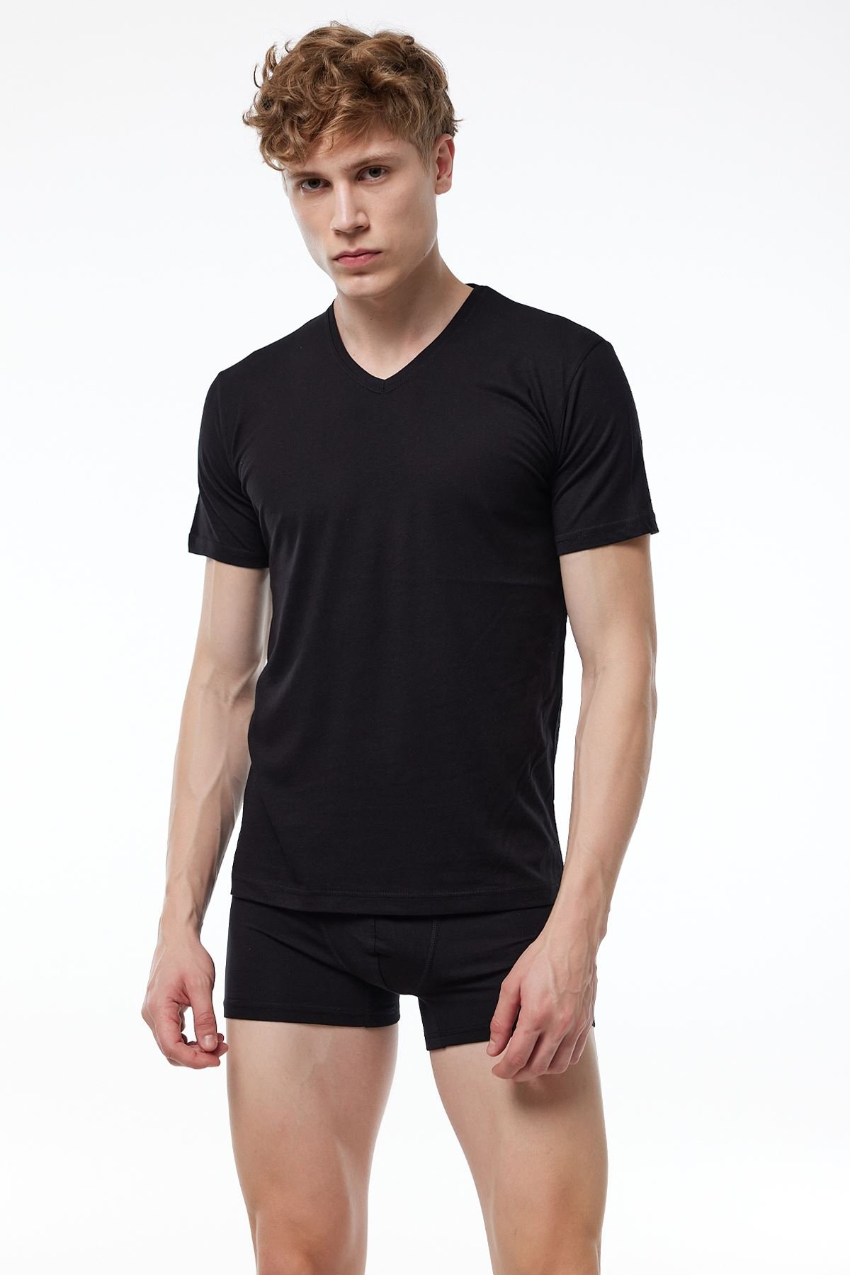 Erkek Siyah Basic V Yaka İnce Modal Yaz Serinliği Tshirt 085