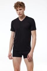 Erkek Siyah Basic V Yaka İnce Modal Yaz Serinliği Tshirt 085