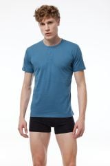 Erkek Mavi Düğmeli Yaka İnce Modal Yaz Serinliği T-Shirt 083
