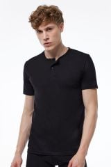 Erkek Siyah Düğmeli Yaka İnce Modal Yaz Serinliği T-Shirt 083