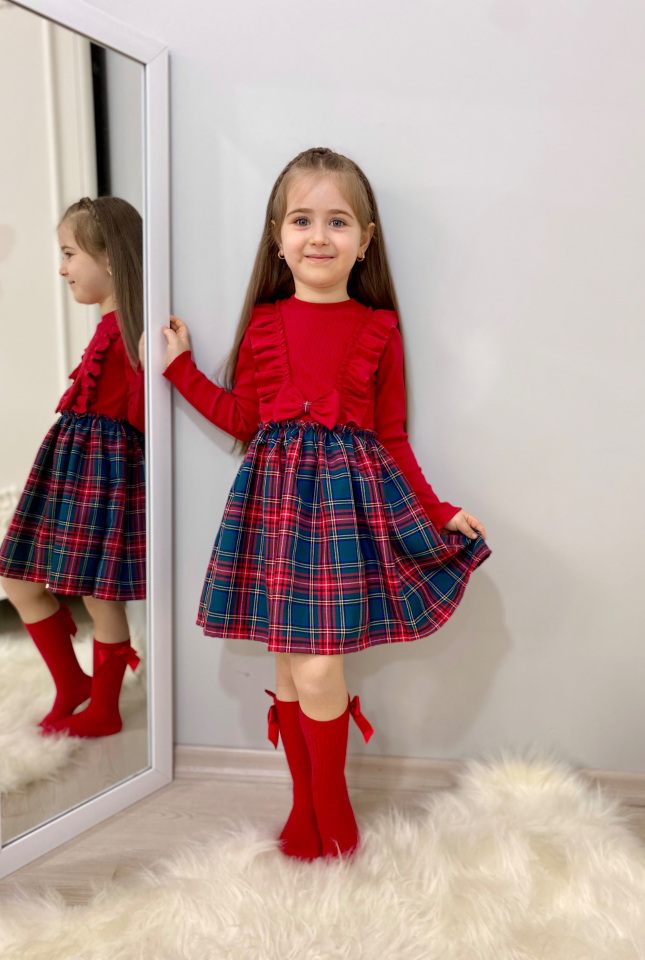 Kırmızı Ekose etekli fırfırlı elbise-Nessa