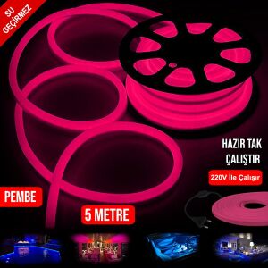 NEON HORTUM LED PEMBE SU GEÇİRMEZ 220V 5MT TAK KULLAN