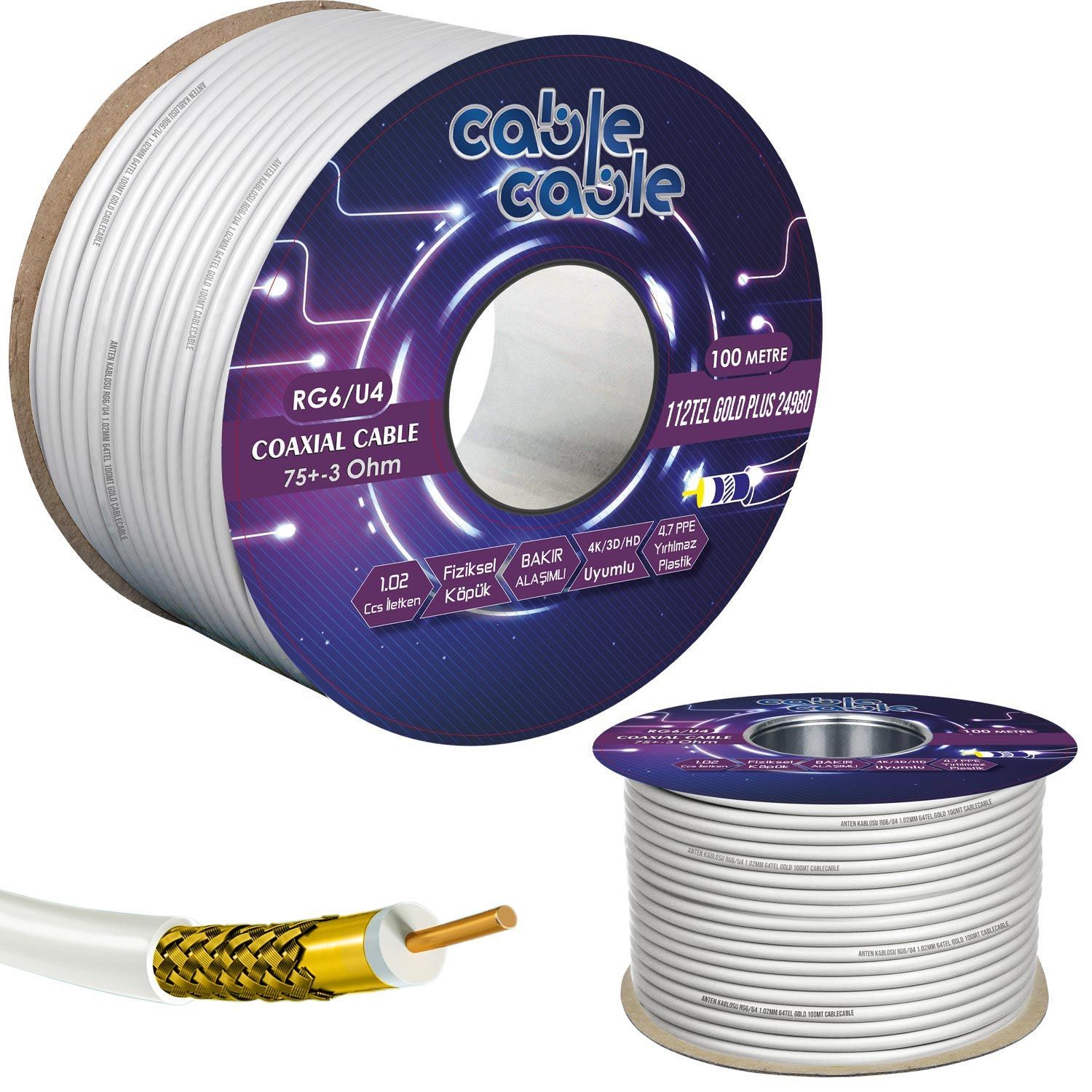 CABLECABLE Anten Kablosu Rg6 U4 1.02mm 112 Tel Gold Plus 100 Metre