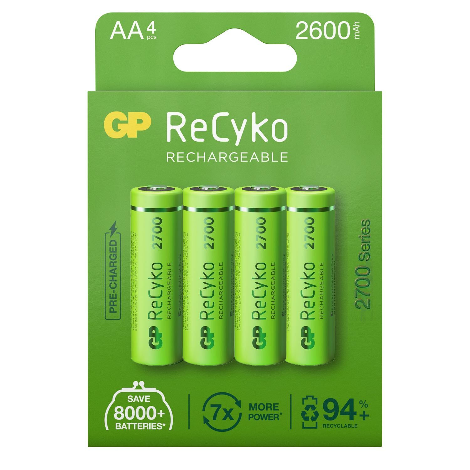 ŞARJLI PİL AA KALEM 2600MAH 2700 SERIES Nİ-MH (4 ADET) GP RECYKO