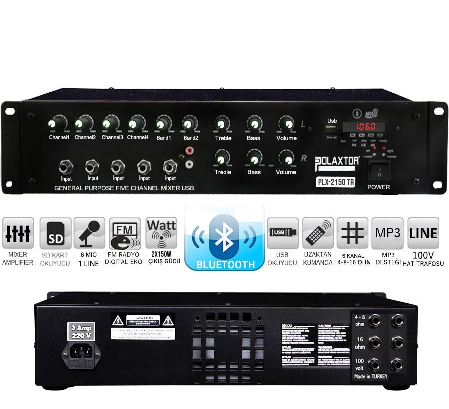 POWER MİXER ANFİ 6 KANAL 2X150W BÖLGELİ BT/USB/SD/UK/FM POLAXTOR PLX-2150 TRAFOLU