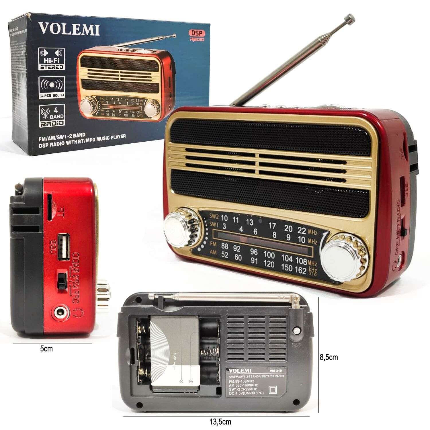RADYO NOSTALJİ PİLLİ BT/USB/SD/AUX/FM VOLEMI VM-310