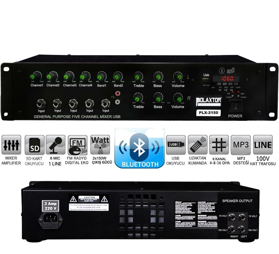 POWER MİXER ANFİ 6 KANAL 2X150W BÖLGELİ BT/USB/SD/UK/FM POLAXTOR PLX-2150