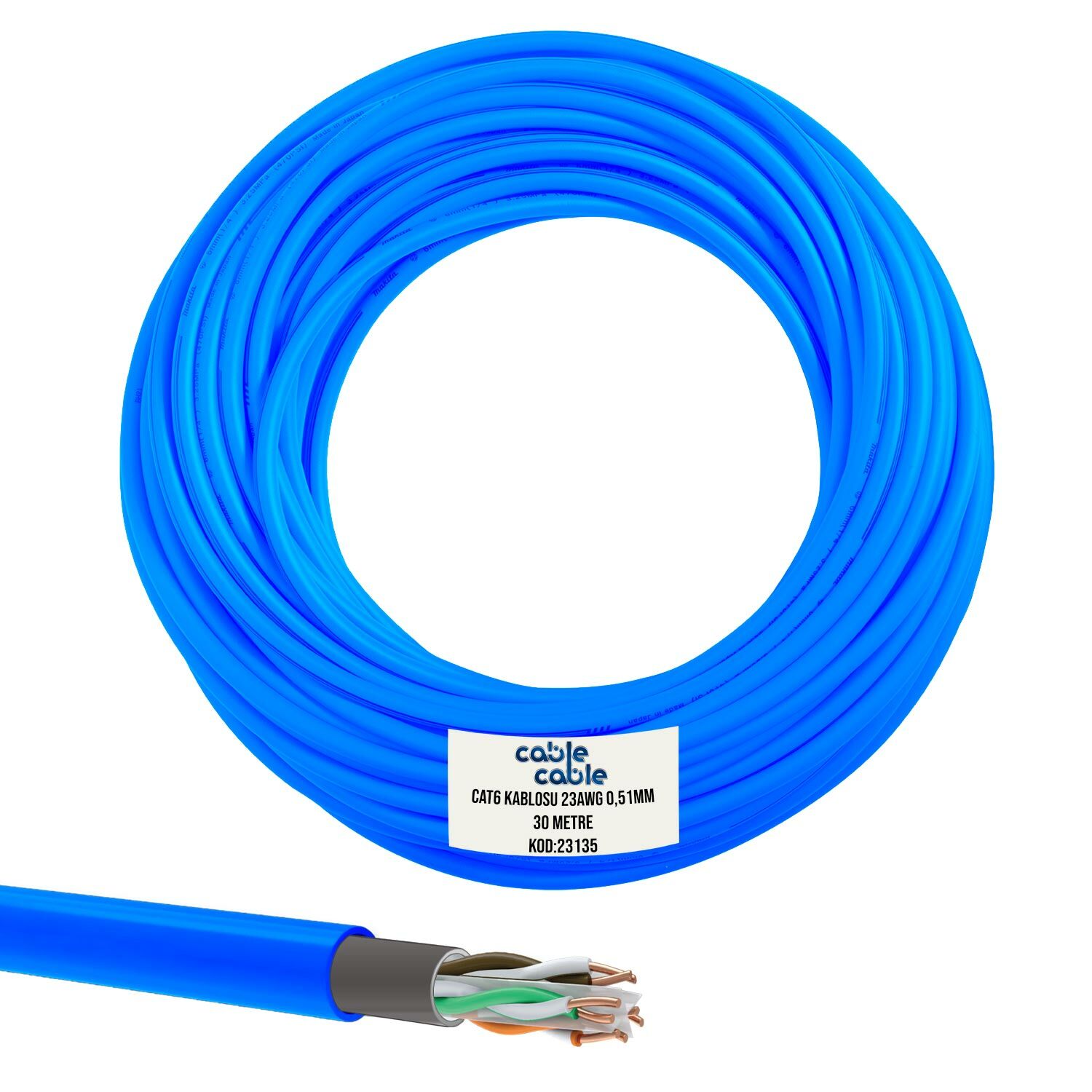 CABLECABLE Cat6 Kablo Dış Mekan 23Awg 0.51mm 30 Metre Mavi