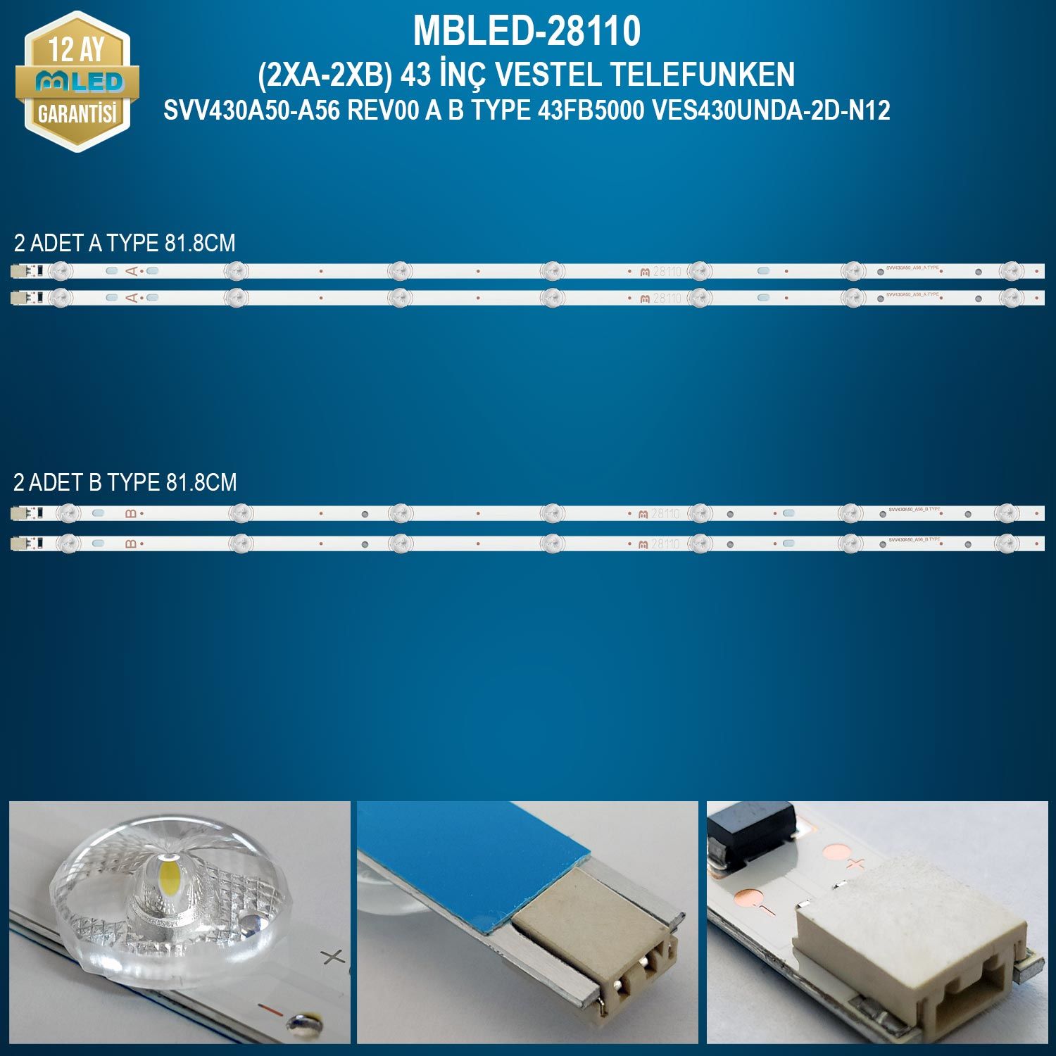 MBLED (2XA-2XB) 43 İnç Vestel Telefunken Svv430A50-A56 Rev00 A B Type 43Fb5000 Ves430Unda-2D-N12