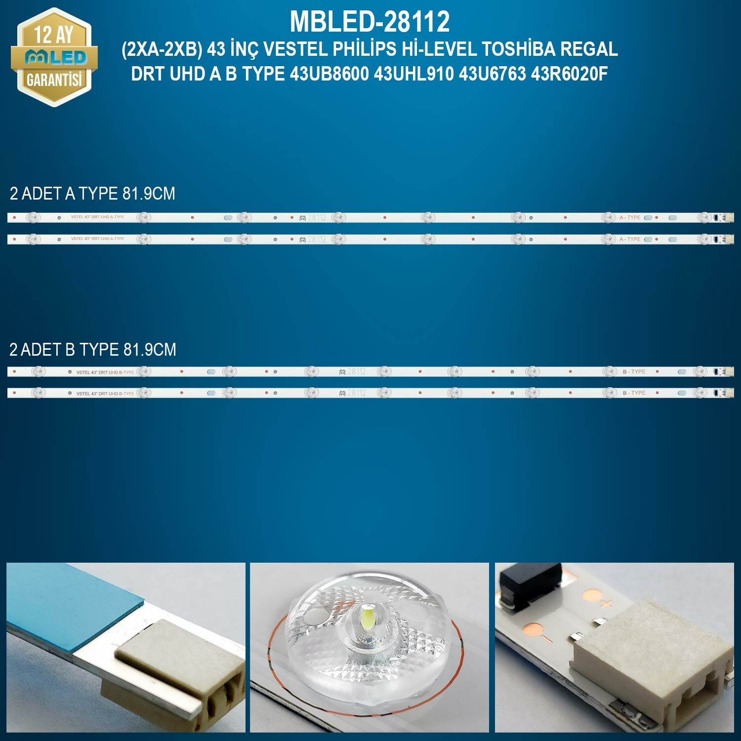 MBLED (2XA-2XB) 43 İnç Vestel Philips Hi-Level Toshiba Regal Drt Uhd A B Type 43Ub8600 43Uhl910 43U6763 43R6020F