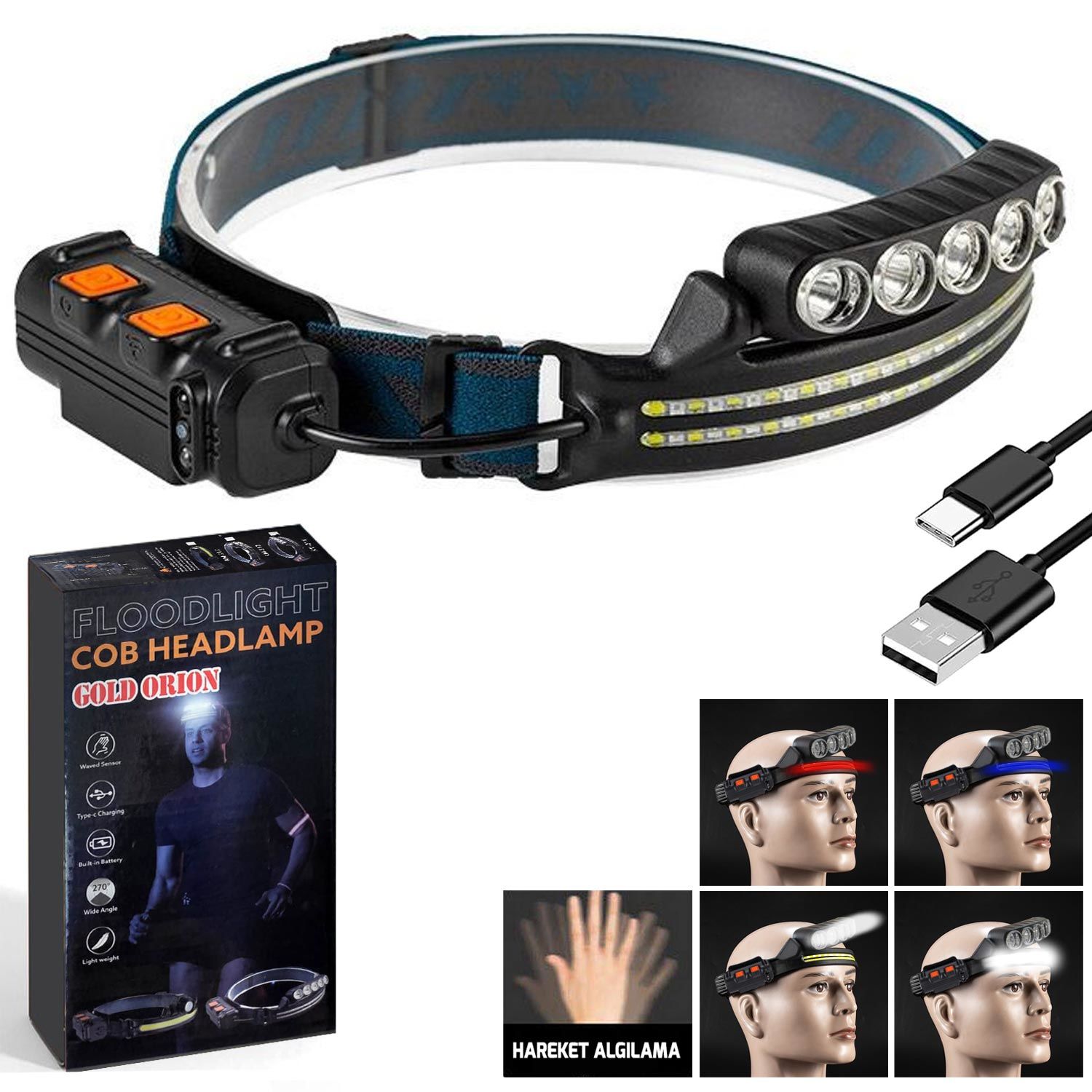 KAFA FENERİ LAMBASI COB LED MAVİ KIRMIZI ALARM IŞIKLI SENSÖRLÜ ŞARJLI GOLD ORION KM-214