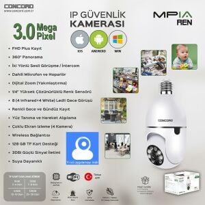 IP SMART KAMERA 3MP 3.6MM PANORAMA AMPÜL WIFI RENKLİ GECE GÖRÜŞ CONCORD MPIA-REN