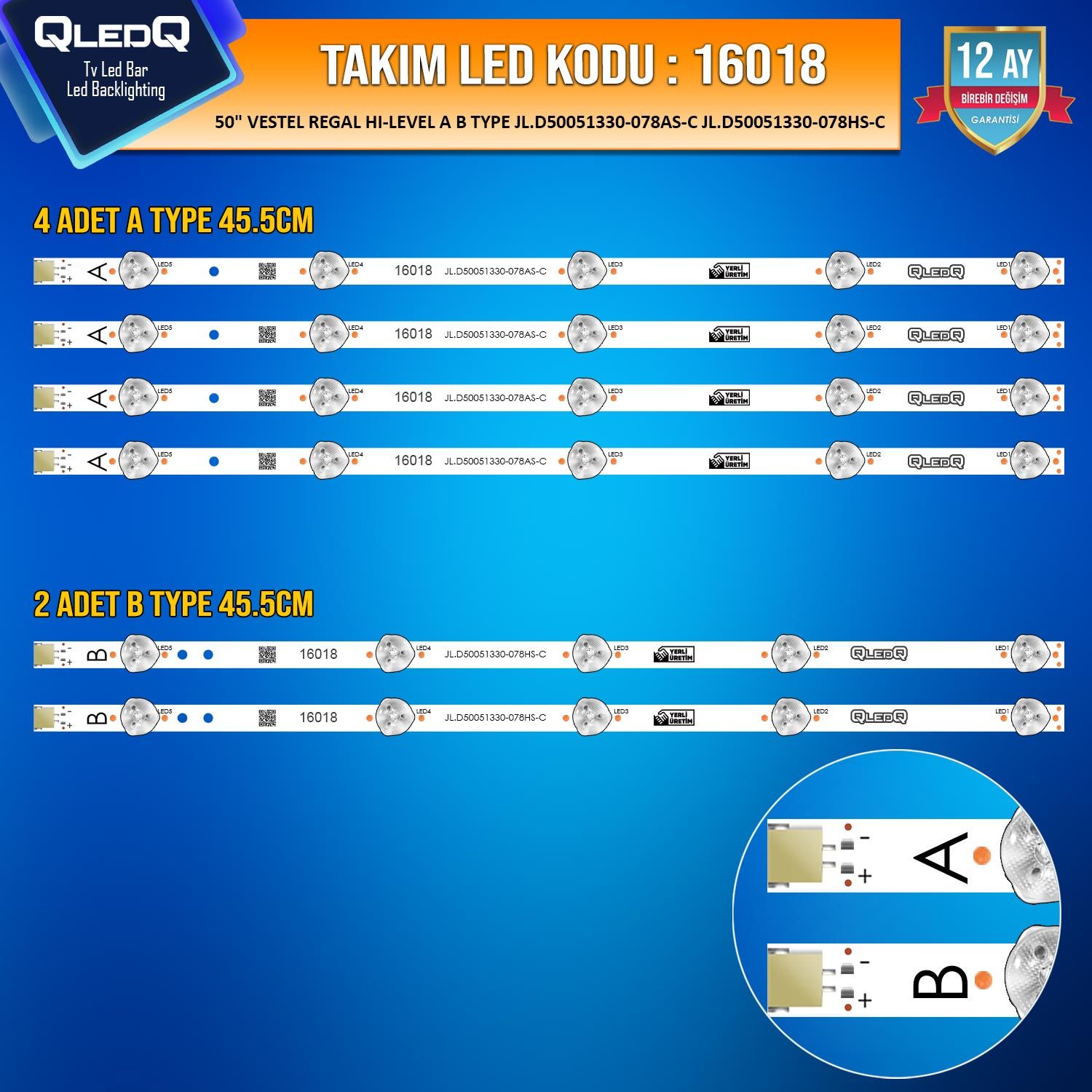 TAKIM LED-118 (4XA-2XB) 50 VESTEL REGAL HI-LEVEL A B TYPE JL.D50051330-078AS-C JL.D50051330-078HS-C