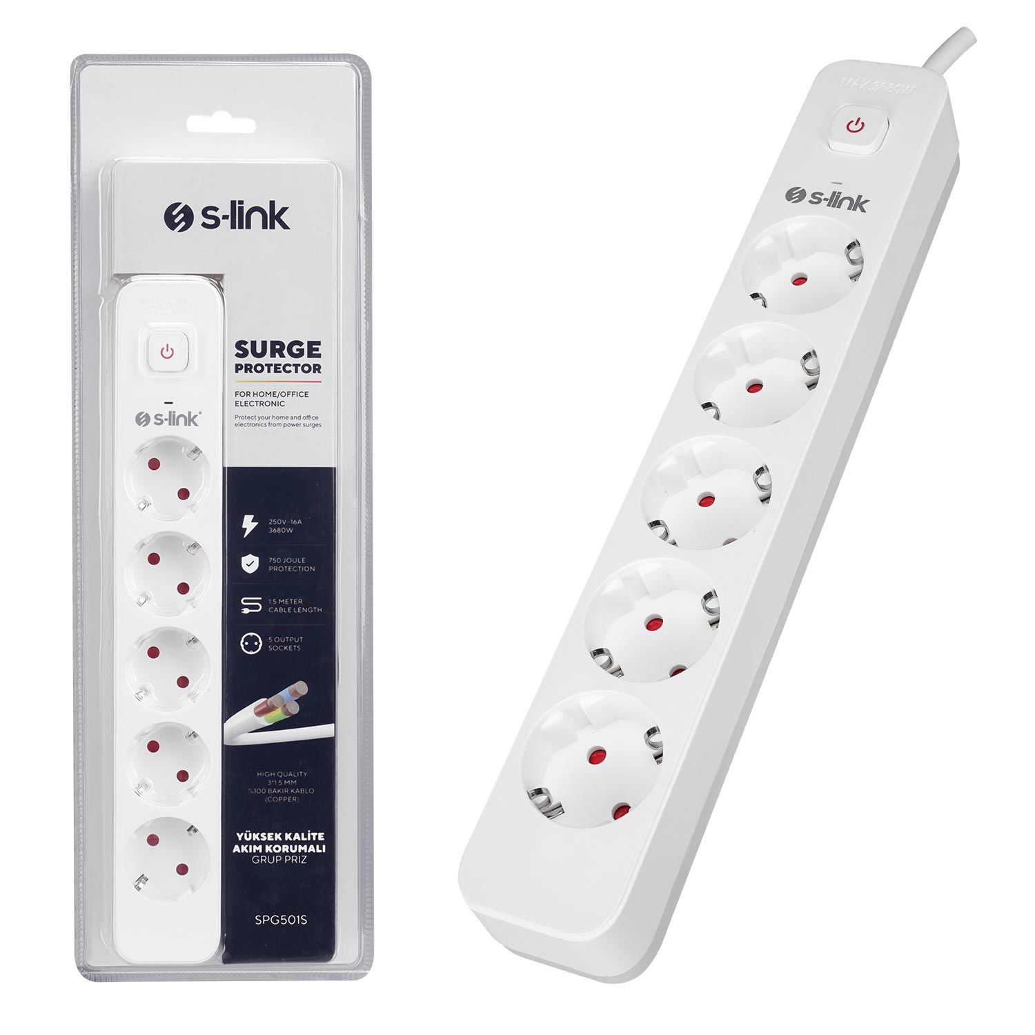 AKIM KORUMALI PRİZ BEŞLİ ANAHTARLI 750 JOULE 1.5MT BAKIR S-LİNK SPG-501S