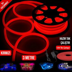 NEON HORTUM LED KIRMIZI SU GEÇİRMEZ 12V 3MT TAK KULLAN