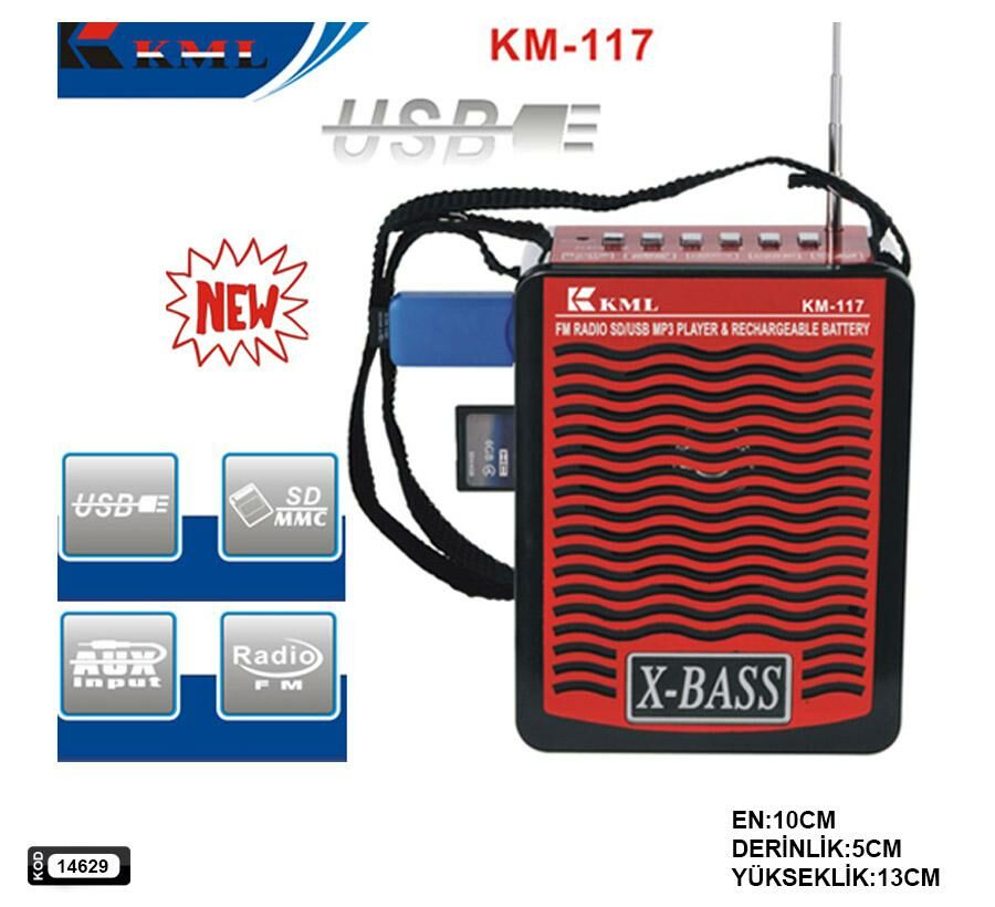 RADYO ŞARJLI PİLLİ USB/SD/FM KML KM-117