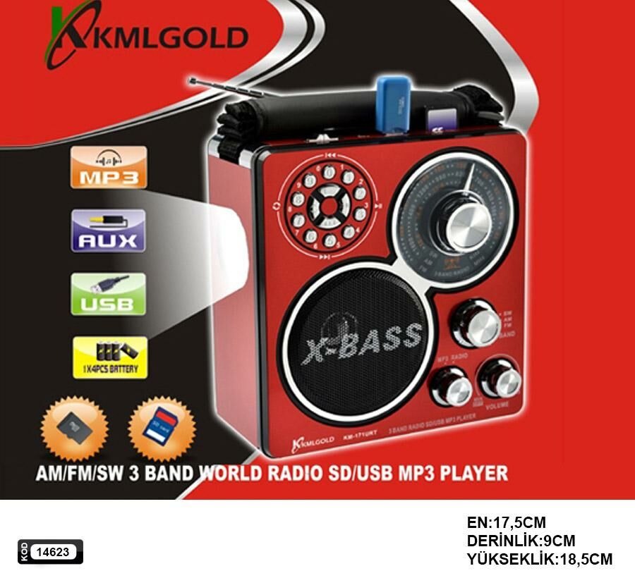 RADYO ŞARJLI PİLLİ USB/SD/FM FENERLİ KML KM-171URT