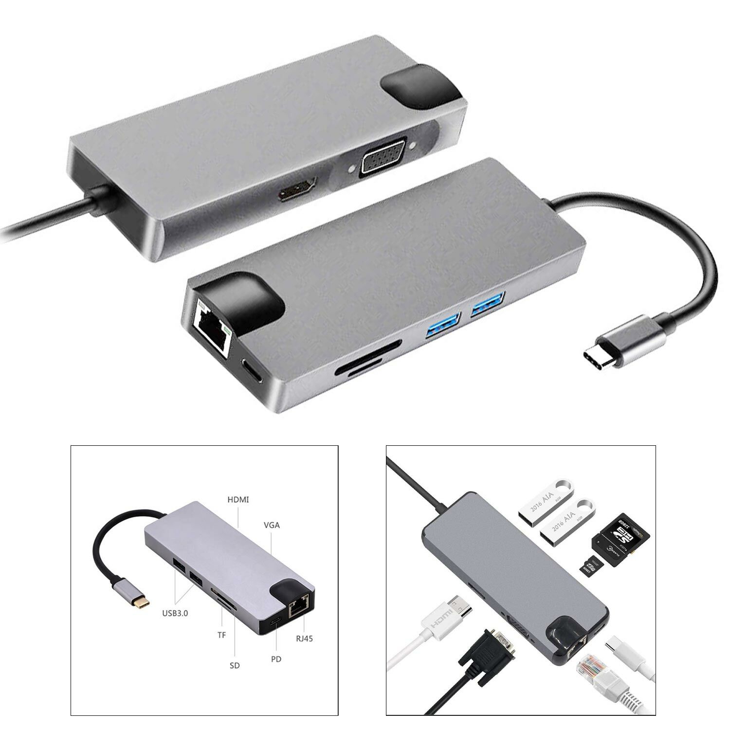 ÇEVİRİCİ ADAPTÖR 8 İN 1 TYPE-C TO HDMI VGA LAN PD SD TF USB G-R14